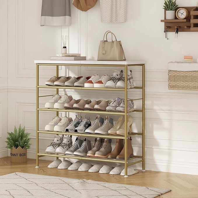 SUOERNUO 5 Tier Shoe Rack Organizer for Closet Shoe Storage for Entryway | Free Standing with MDF Top Board,Sturdy Metal Frame,Ideal for Living Room,Hallway Gold
