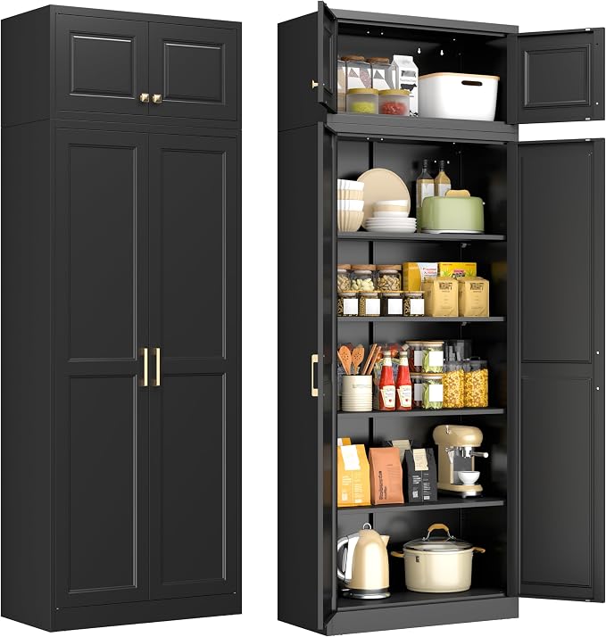 86" Tall Black Metal Storage Cabinet with Doors (2 Boxes) | Freestanding Heavy Duty Steel Kitchen Pantry Cabinet, 4 Adjustable Shelves, Extra Large Cupboard for Home, Office and Garage