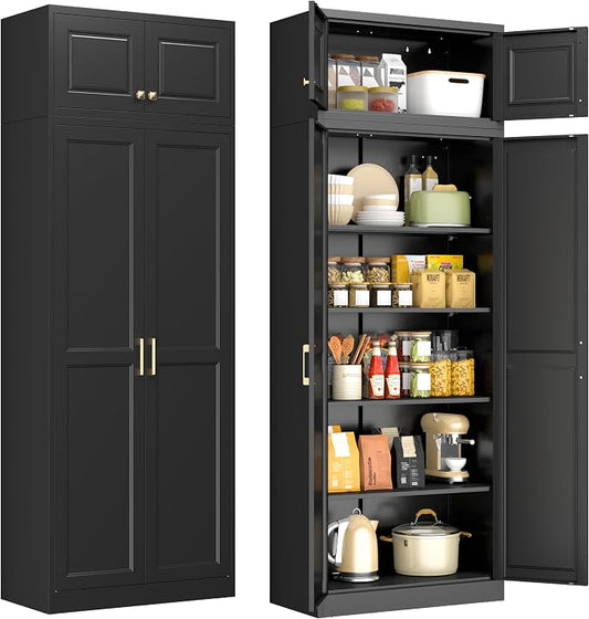 86" Tall Black Metal Storage Cabinet with Doors (2 Boxes) | Freestanding Heavy Duty Steel Kitchen Pantry Cabinet, 4 Adjustable Shelves, Extra Large Cupboard for Home, Office and Garage