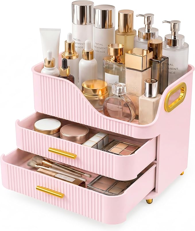 Booklov Large Makeup Organizer for Vanity, Bathroom Countertop, Pink | Plastic Cosmetic Display Case with Drawers, Beauty Brush Holder for Dresser Counter Skincare Eyeshadow Lipstick Storage