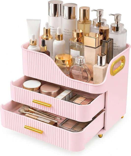 Booklov Large Makeup Organizer for Vanity, Bathroom Countertop, Pink | Plastic Cosmetic Display Case with Drawers, Beauty Brush Holder for Dresser Counter Skincare Eyeshadow Lipstick Storage