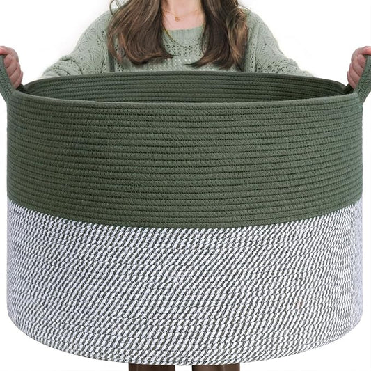 INDRESSME XXXLarge Woven Rope Blanket Basket Living Room Green, 90L | 21.7" x 13.8" Storage baskets for toys laundry & pillows. Fits living room, bedroom or nursery décor. Soft-touch with handles