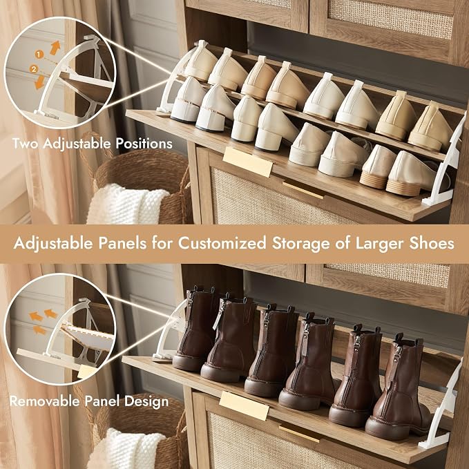HOKYHOKY Rattan Shoe Storage Cabinet with 2 Drawers & 2 Flip Drawers | Hidden Slim Shoe Organizer, Farmhouse Boho Narrow Shoe Rack, Large Tabletop Space, Entryway, Rustic Oak