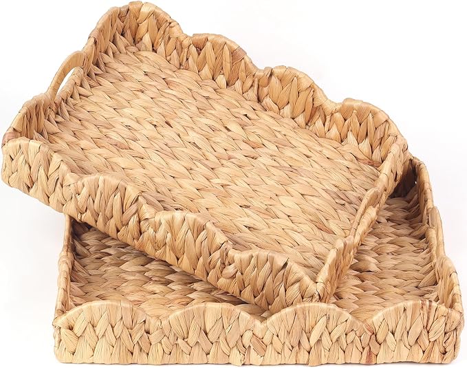 Scalloped Water Hyacinth Tray, Hand-Woven Wicker Storage Baskets with Scalloped Edge and Handles (17x13x3 inch) Rectangular Handwoven Trays, Water Hyacinth Basket, 2 Pack