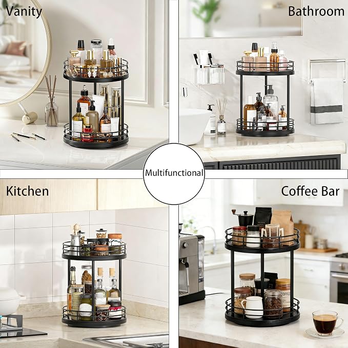 2-Tier Rotating Bathroom Countertop Organizer, Wooden Makeup Vanity Storage, Multifunctional Lazy Susan Turntable for Skincare, Perfume and Cosmetics (Black)