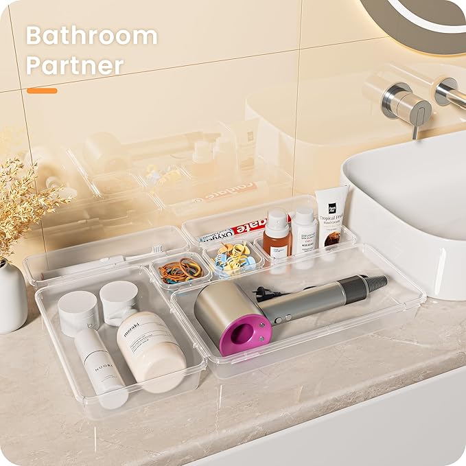 A-LuGei 【46PCS & 5Sizes Clear Drawer Organizer,【Hold 277 Items】 Makeup Organizer, Bathroom Organizers and Storage, Organization and Storage, Organizer Bins for Office Vanity Kitchen Tool Trays