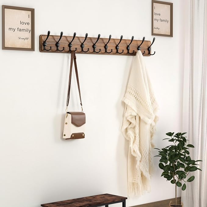 Coat Rack Wall - Heavy-Duty 38-1/4" Long, with Reinforced 10 Custom Tri-Hooks, Solid Wood Wall Hanger for Coats Hat Jackets - Rustic Farmhouse Entryway Storage, Natural & Black, Pack of 2