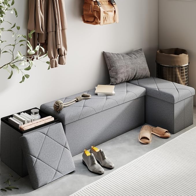 43W Folding Ottoman with Storage Bench,30W Storage Ottoman Bench,15W Inches Ottoman Foot Rest,End of Bed Bench,Support 660LBS Foot Rest Stool for Living Room,Bedroom Dark Gray（43W+30W+15W）