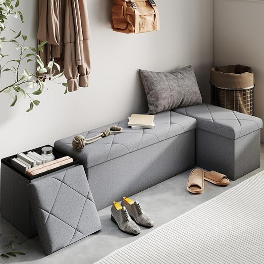 43W Folding Ottoman with Storage Bench,30W Storage Ottoman Bench,15W Inches Ottoman Foot Rest,End of Bed Bench,Support 660LBS Foot Rest Stool for Living Room,Bedroom Dark Gray（43W+30W+15W）