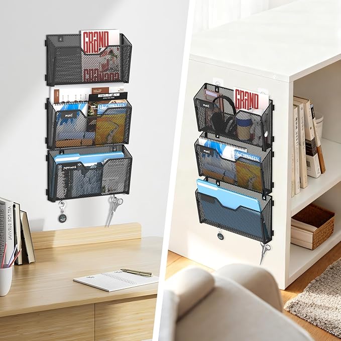 SUPEASY 6-Pack Wall File Holder and Wall File Organizer with Hooks, Black | Wall File Organizer and Wall Organizer with 6 Letter-Size Pockets, Label Panels and Hooks for Offices Homes and Classrooms
