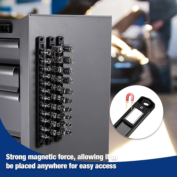 WORKPRO Magnetic Socket Organizer, Heavy Duty 3/8-Inch Drive Socket Rail | 1 Piece Socket Holder with 10 Spots, Aluminum Alloy, Rotatable & Movable Clips, Efficient Organization