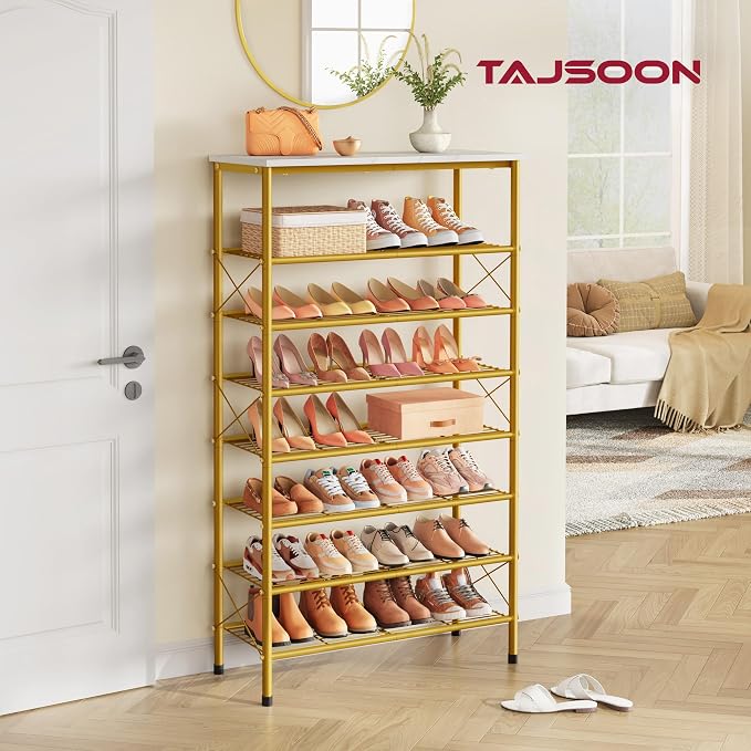 8 Tier Shoe Rack Organizer for 28-32 Pairs of Shoes, White & Gold | Sturdy & Durable, X Shape Fixed Frame, Metal Mesh Shoe Shelf, Industrial, For Closet, For Entryway Shoe Storage