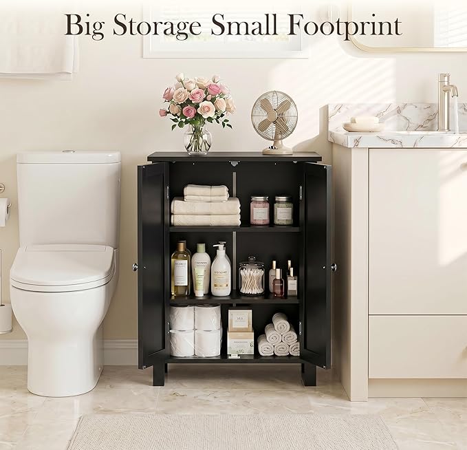 SUPER DEAL Modern Bathroom Floor Storage Cabinet with Adjustable Shelf and Double Door Rust Proof, Living Room Modern Home Furniture Storage Organizer Cabinet, Black