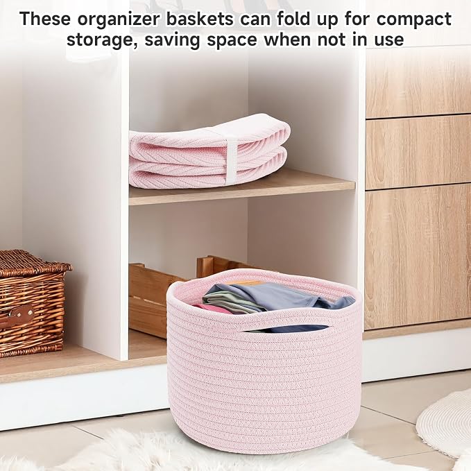 3 Pack Small Rope Storage Baskets, 9.82×9.82×7.1", Pink | Cotton Basket for Gifts Empty, Cute Round Woven Basket, Decorative Shelf Basket Organizer, Organizing Basket for Shelves