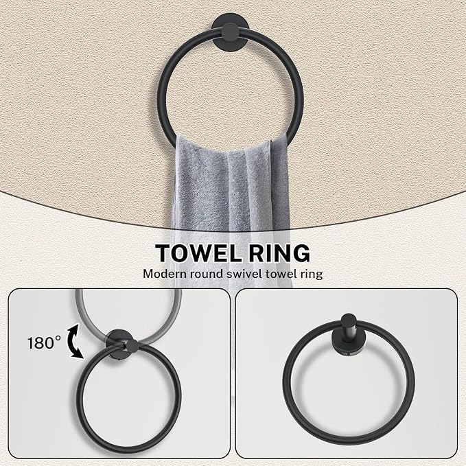 6 Pieces Towel Bar Set Matte Black Bathroom Hardware Set Includes 23.6 Inch Towel Bar,Stainless Steel Wall-Mounted Bathroom Accessory Set
