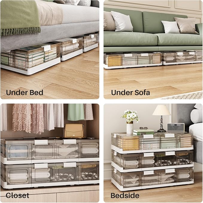 Kitstorack Clear Plastic Under Bed Storage Containers Bins with Lids and 8 Pre-installed Wheels,37.8 Qt, Rolling Foldable Flat Under Bed Organizer Boxes for Clothes Shoes Clothing Bedroom
