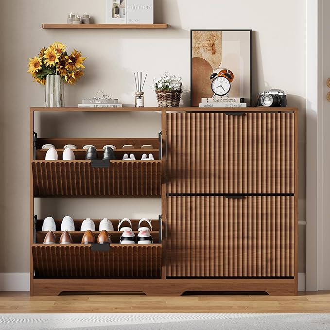 Shoe Cabinet Storage for Entryway with 4 Flip Drawers, Walnut Fluted Shoe Cabinet with Adjustable Shelves, Wooden Hidden Shoe Rack Freestanding Narrow Slim Shoes Storage for Hallway, Entrance