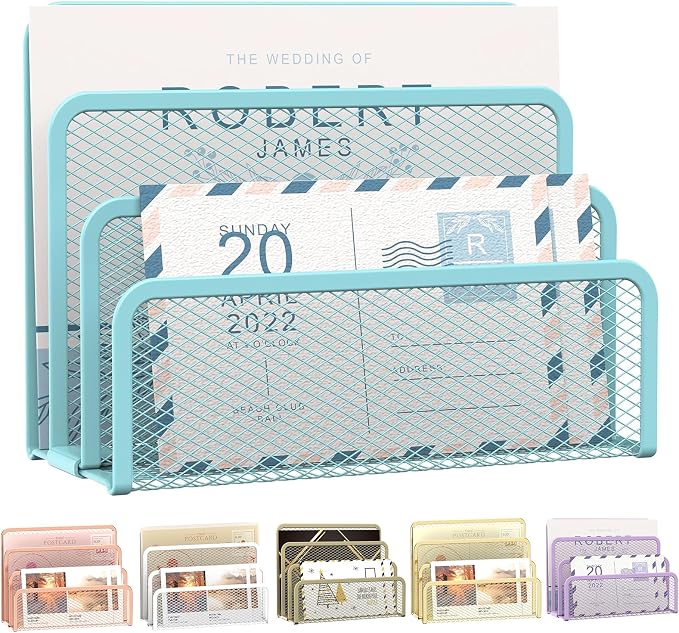 Mail Organizer Countertop for Desk, Mail File Holder with 3-Slot, Blue | Metal Mesh Mail Sorter for Letters, Envelopes, Bills, and Files for Home Offices, Classroom Organization