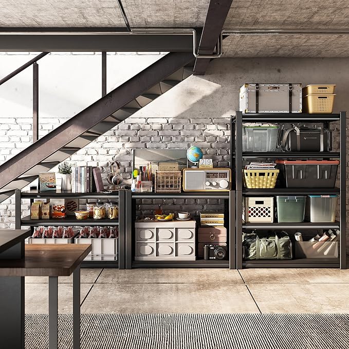 48" W Garage Shelving Heavy Duty, 5-Tier Metal Storage Racks, 2800LBS Loads, Adjustable Shelves, Black