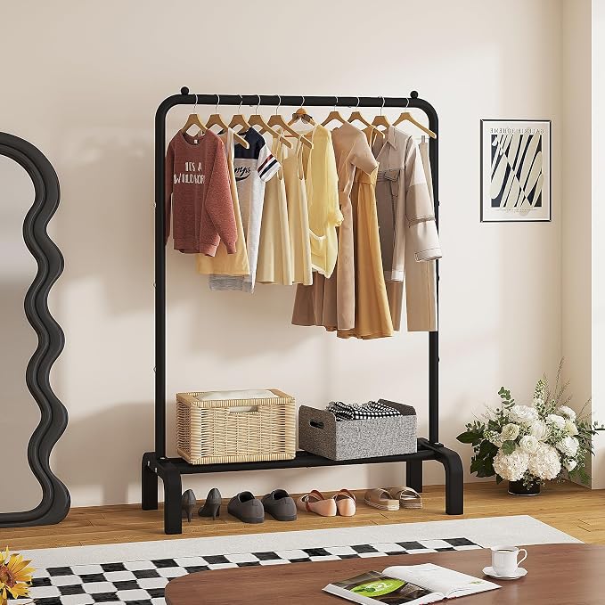 Garment Rack Clothing Clothes Rack for Clothes Organizing Black | Standard Metal 34 Inches Garment Rack with Bottom Shelf for Hanging Clothes Coats Jackets Shirts Sweaters Jeans Black