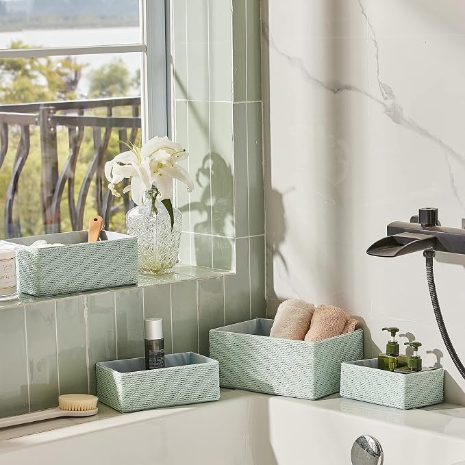 LA JOLIE MUSE Bathroom Basket Organizers, Paper Rope Storage, Green 4 Pack | Stackable, Sturdy Lined Woven Basket, Organizer for Toilet Paper, Laundry Room Essentials, Shelves and Nightstand Drawers