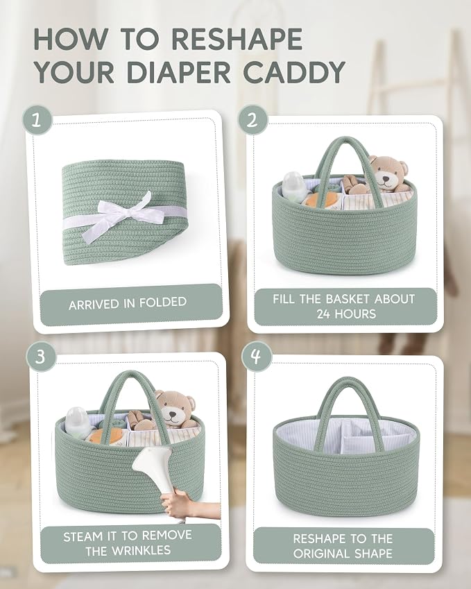 Maliton Diaper Caddy Organizer for Baby, Portable Diaper Storage Organizer for Changing Table and Car, Cotton Rope Nursery Storage Bin Basket for Baby Shower, Newborn Essentials Must Haves - Green