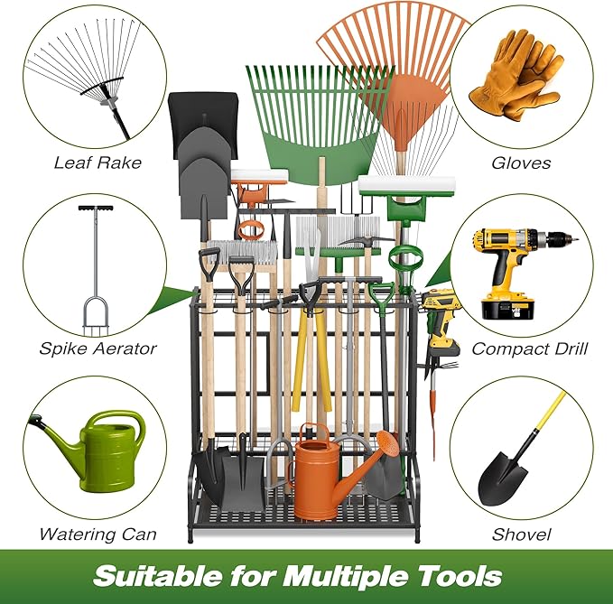 Sttoraboks Garden Tool Organizer Rack Up to 39 Tools, Heavy-Duty Steel Yard Tool Organizer for Garage Storage with 12 Hooks, Broom Holder & Garden Tool Rack for Shed, Patio, Outdoor Storage, Black
