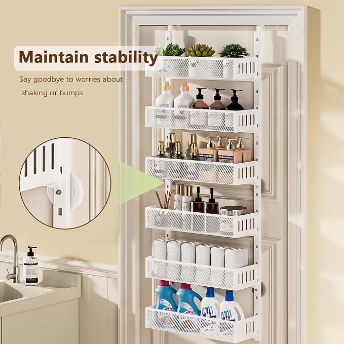 6-Tier Over The Door Pantry Organizer with Mesh Baskets, Adjustable & Stable Hanging Spice Rack for Kitchen, Bathroom, Bedroom, and Baby Essentials Storage