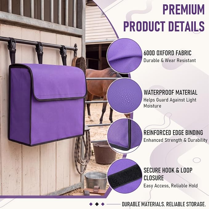 Horse Blanket Storage Bag for Fly Sheets,Purple,23 x 19 x 9 in | 600D Waterproof Oxford Tack Organizer, Heavy Duty Hanging Horse Blanket Holder, Stall Front Storage Bag for Horse Blankets