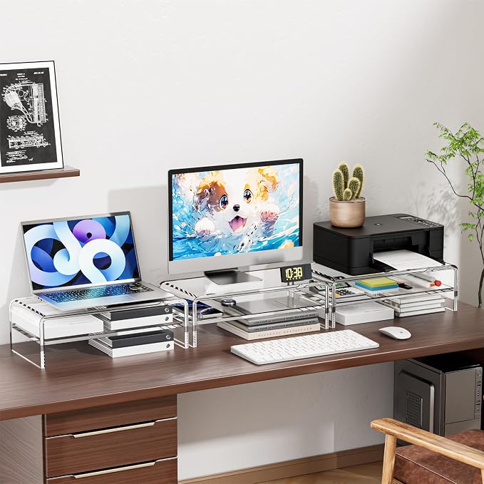 Egchi Clear Acrylic Monitor Stand Riser 2 Tier, 5.12 Inches High Clear Computer Desk Organizer Shelf for Multi Media PC Storage Laptop | Clear, Desk Shelf, for Multi Media PC Storage, Laptop Stand