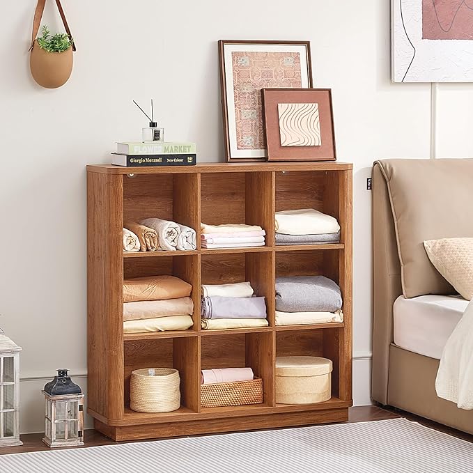 Joaxswe 9 Cube Storage Book Shelf, 40.5" Wide Organizer Bookshelf with Curved Edge, Wood Floor Standing 3-Tier Cubby Bookcase with Base, Country Rustic Display Book Case for Library, Office, Brown
