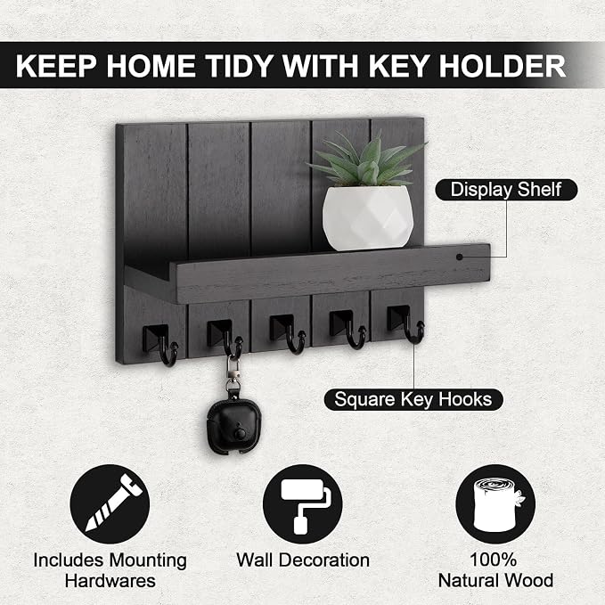 Key Holder for Wall, Decorative Key Holder with Shelf, Key and Mail Holder Wall Mount, Farmhouse Decor with 5 Key Hooks for Keys, Coats, ect.