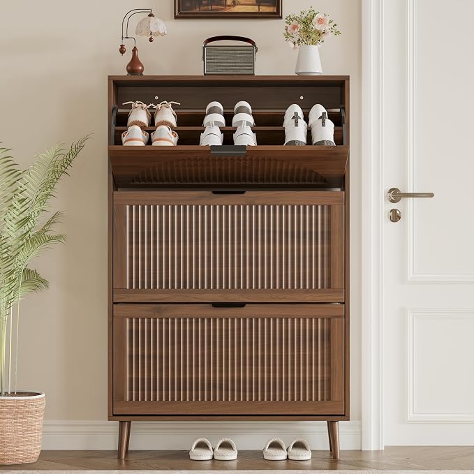 BORNOON Shoe Cabinet for Entryway with 3 Flip Drawers, Slim Wooden Shoe Storage Organizer with Modern Fluted Pannel，Freestanding Narrow Hidden Shoe Rack for Hallway, Foyer, Living Room