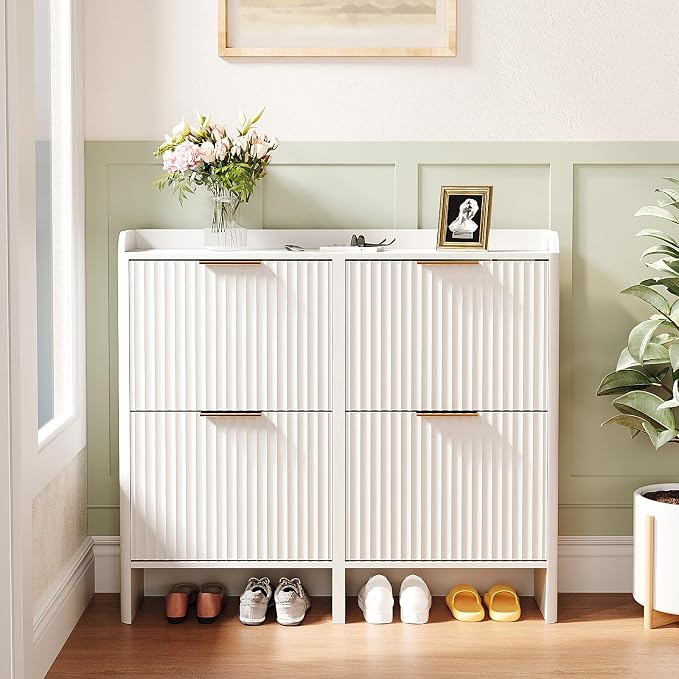 VINGLI 43.5" Large White Shoe Cabinet with 4 Flip Drawers, Slim Fluted Shoe Storage Cabinet with Unique Arched Side Panels, Modern Entryway Organizer with Gold Handles, Wide Shoe Rack for Hallway
