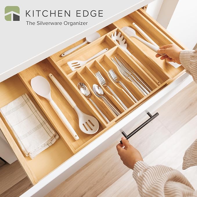KitchenEdge Silverware & Utensil Drawer Organizer, 14-25 in, Bamboo | Cutlery, flatware, food-safe contract grade, kitchen drawer fit