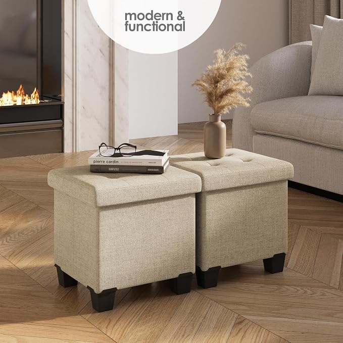 Storage Ottoman Cube with Small Bin, 15-in Square Ottoman with Storage for Living Room and Bedroom, Small Ottomans Foot Rest, Fabric Foot Stools Ottomans Max 330lbs, Beige
