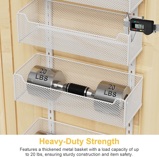 VyGrow Over the Door Organizer, 8-Tier Pantry Organizer with Fully Enclosed Mesh Baskets, Heavy-Duty Metal Hanging Spice Rack for Kitchen Bathroom Laundry Room, 2-in-1 Wall Mount or Door Mount, White