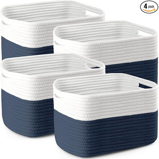 4 Pack Storage Baskets for Organizing, 11''Lx9''Wx8''H Woven Baskets for Storage Toys, Towels, Books, and Clothes, Cotton Rope Basket for Shelves with Handle