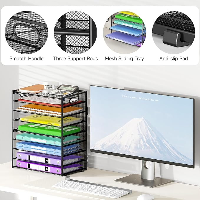 Cawukege 9 Tier Paper Organizer with Handle, Black Large Capacity Desk Organizer Mesh File Folder Letter Paper Tray Desktop Document Sorter for Classroom, School, and Office Accessories Organization