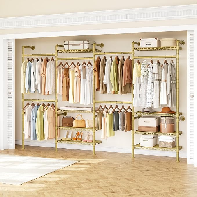 ONBRILL H4 Wall Mounted Closet System, Expandable Industrial Pipe Clothes Rack Clothing Rack for Hanging Clothes, Heavy Duty Closet Organizers and Storage in Wardrobe Closet - Gold