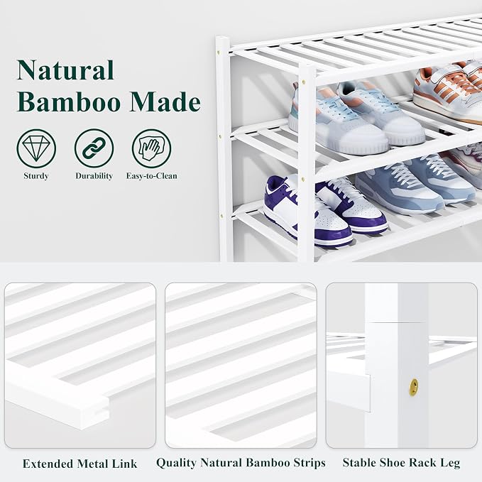 Smiry Bamboo Shoe Rack, 14 Vertical Slats, 2 Tier - 26.8" Wide, White | Stackable Free Standing Wooden Shoe Organizer, Wood Shoe Storage Shelf for Closet, Entryway, Thicher Leg