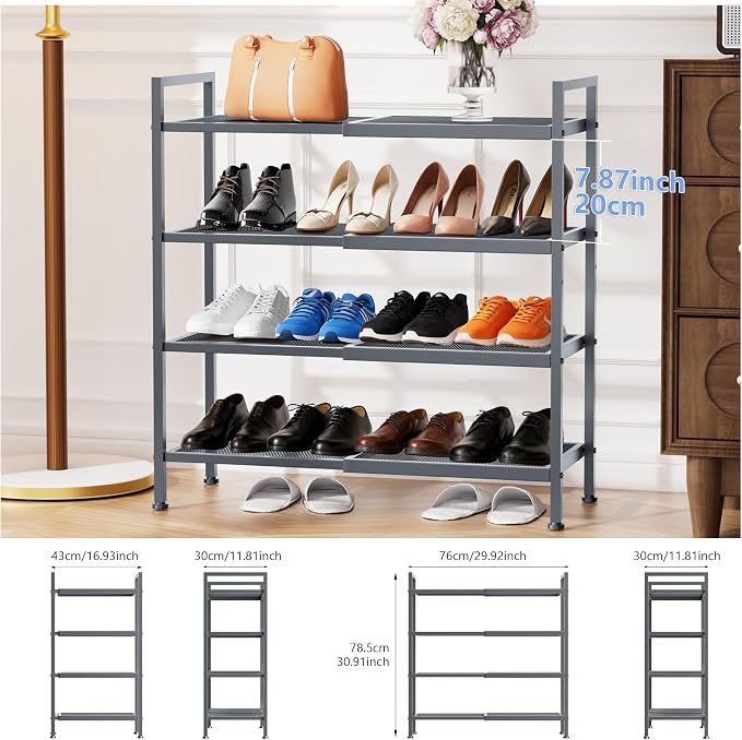 Shoe Rack, Expandable Shoe Rack for Closet, Adjustable Shoe Organizer for Entryway, Shoe Storage Organizer for Door Entrance, Garage, Bedroom (Grey, 4-Tier)