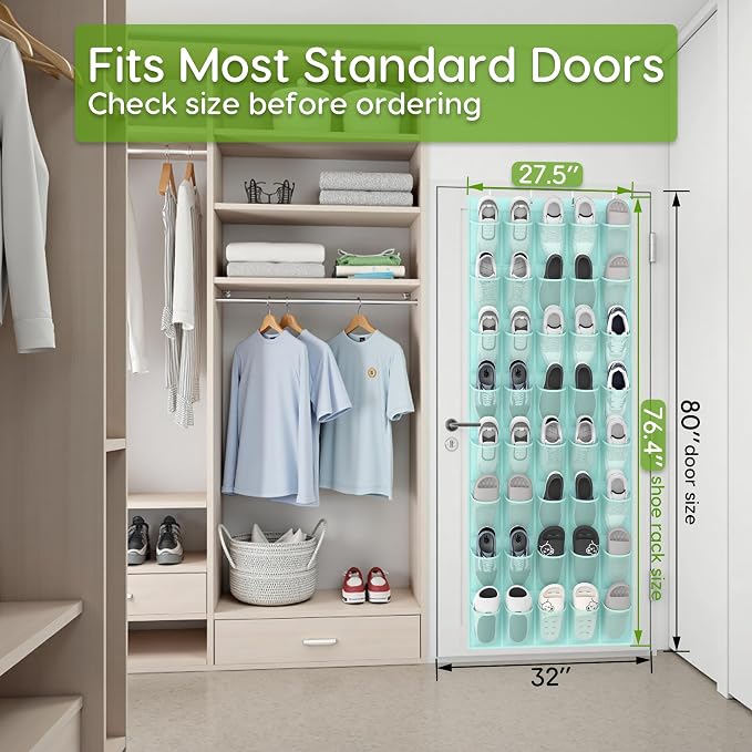 Over the Door Shoe Organizer with 40 Large Breathable Mesh Pockets, Space Saving Shoe Holder, Hanging Shoe Rack for Entryway Bedroom Closet Storage (Mint Blue, 40 Pockets)