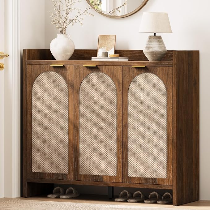 Shoe Cabinet Storage for Entryway - Rattan Accent Cabinet with 3 Doors & Adjustable Shelves, 6-Tier Large Wood Shoes Cabinets with Organizer Rack for Entry Way, Hallway, Living Room, Walnut