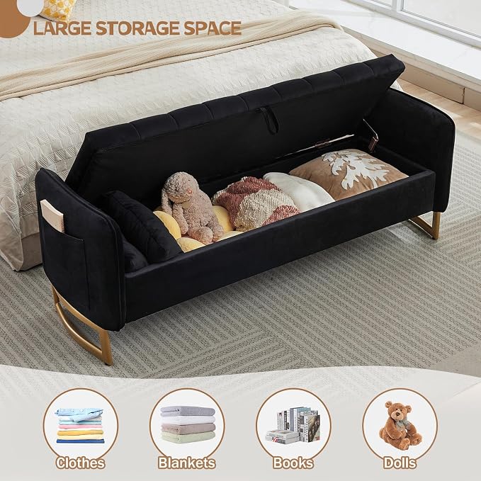66" End of Bed Storage Bench King Size, Velvet Storage Benches for Bedroom Foot of Bed, Upholstered Storage Ottoman Bench with Golden Legs and Pillow for Living Room Window Entryway, Black