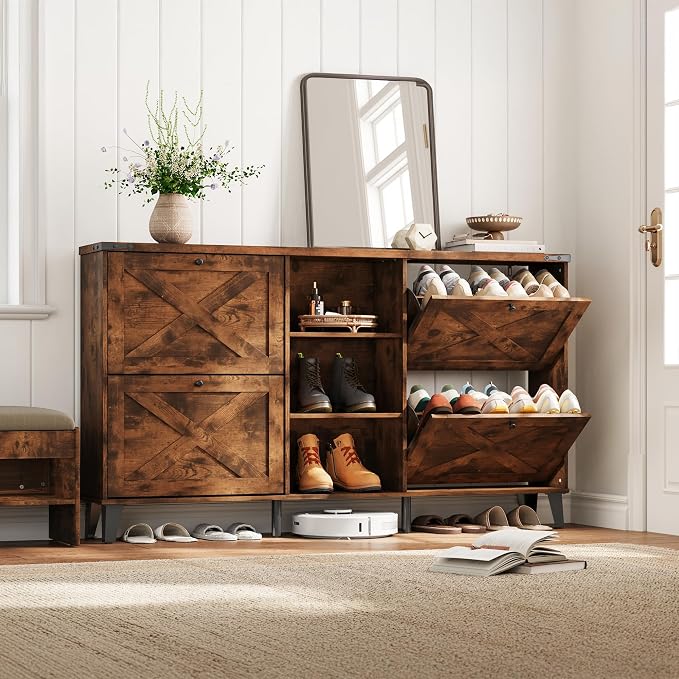 LINSY 63" Farmhouse Shoe Storage Cabinet Brown | Tall Flip-Drawer Shoe Rack for Entryway, Adjustable Shelves for Boots, Heels & Sneakers Wood Finish with Sturdy Metal Legs