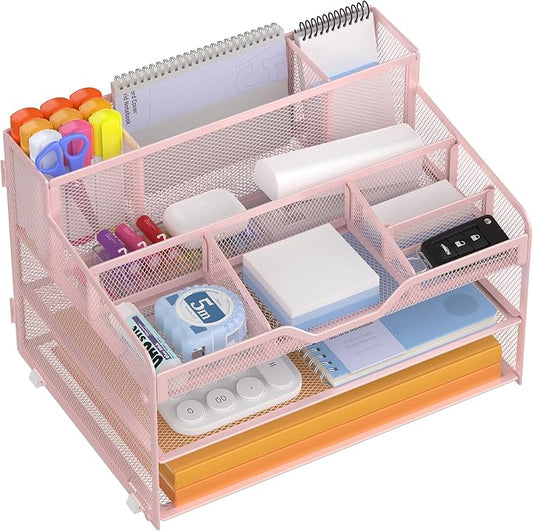 Docnest 3 Tier Mesh Desk Organizer with Letter Tray & Paper Sorter, Pink | Features 3 built-in pen holders & 5 adjustable compartments on top. Includes 4 non-slip rubber feet for desk protection