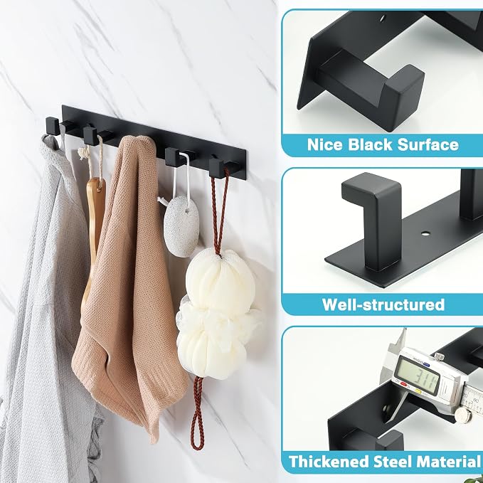 Alise Coat Hook Wall Mount Hat and Coat Rack with 5 Hooks Wall Mount,Black | Key Hooks for Robes,Bags,Keys,and Towels,SUS304 Stainless Steel Wall Hooks for Hanging,Self Adhesive or Drilling