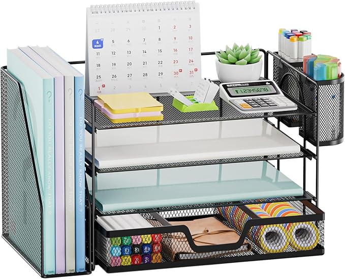 Marbrasse 4-Tier Paper Tray Organizer with Drawer and Pen Holder, Black | Metal Mesh Desk Organizer, Built-in Drawer & 2 Pen Slots, fits letters/Files, for School Home Office Supplies