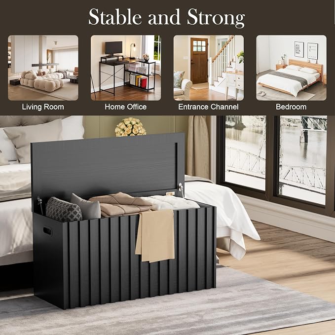 Storage Bench,39.4" Wood Box, Storage Trunk with 2 Safety Hinges, Ottoman Storage Chest, Fluted Storage Bench for Bedroom, Entryway, Living Room(Black)